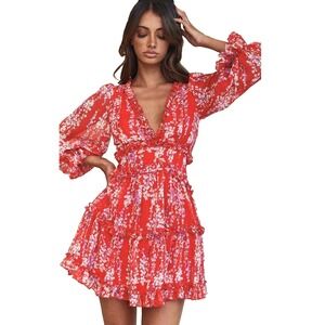 Saints + Secrets Cutout Back Ruffle Detail Floral Mini Dress Tiered Red‎ Large